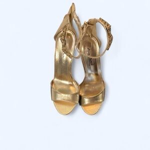 Anne Michelle Gold open toe Ankle Strap Heels with animal rhinestone detail 6